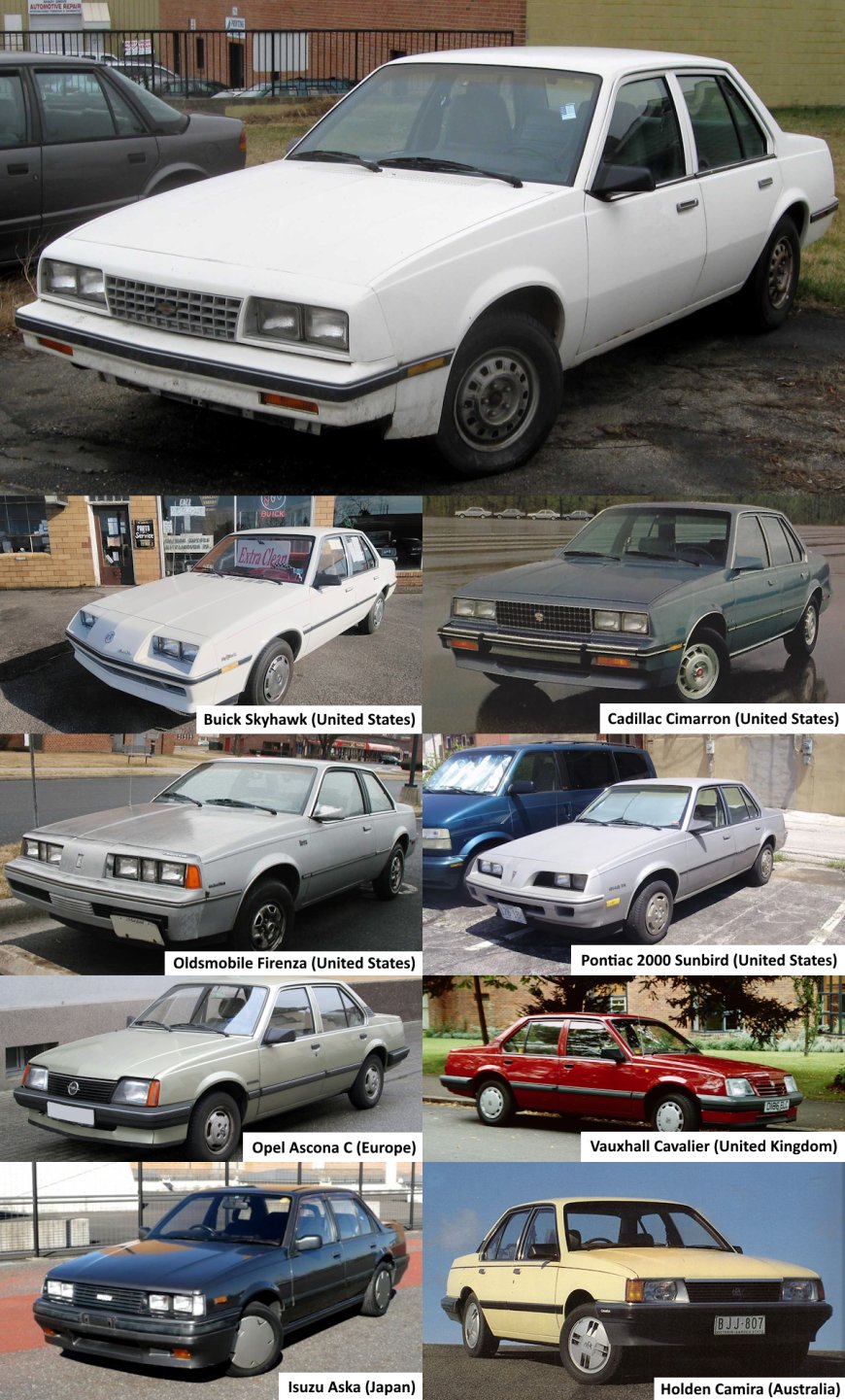 Chevrolet Cavalier - 8 Rebadges: Buick Skyhawk (United States), Cadillac Cimarron (United States), Oldsmobile Firenza (United States), Pontiac 2000 Sunbird (United States), Opel Ascona C (Europe), Vauxhall Cavalier (United Kingdom), Isuzu Aska (Japan), Holden Camira (Australia)