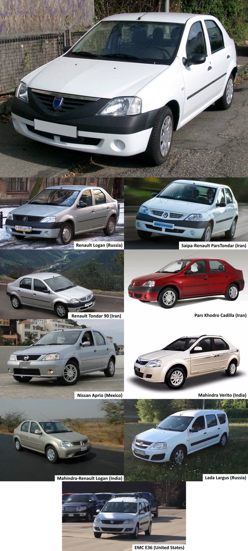 Dacia Logan - 9 Rebadges: Renault Logan (Russia), Saipa-Renault ParsTondar (Iran), Renault Tondar 90 (Iran), Pars Khodro Cadilla (Iran), Nissan Aprio (Mexico), Mahindra Verito (India), Mahindra-Renault Logan (India), Lada Largus (Russia), EMC E36 (United States)