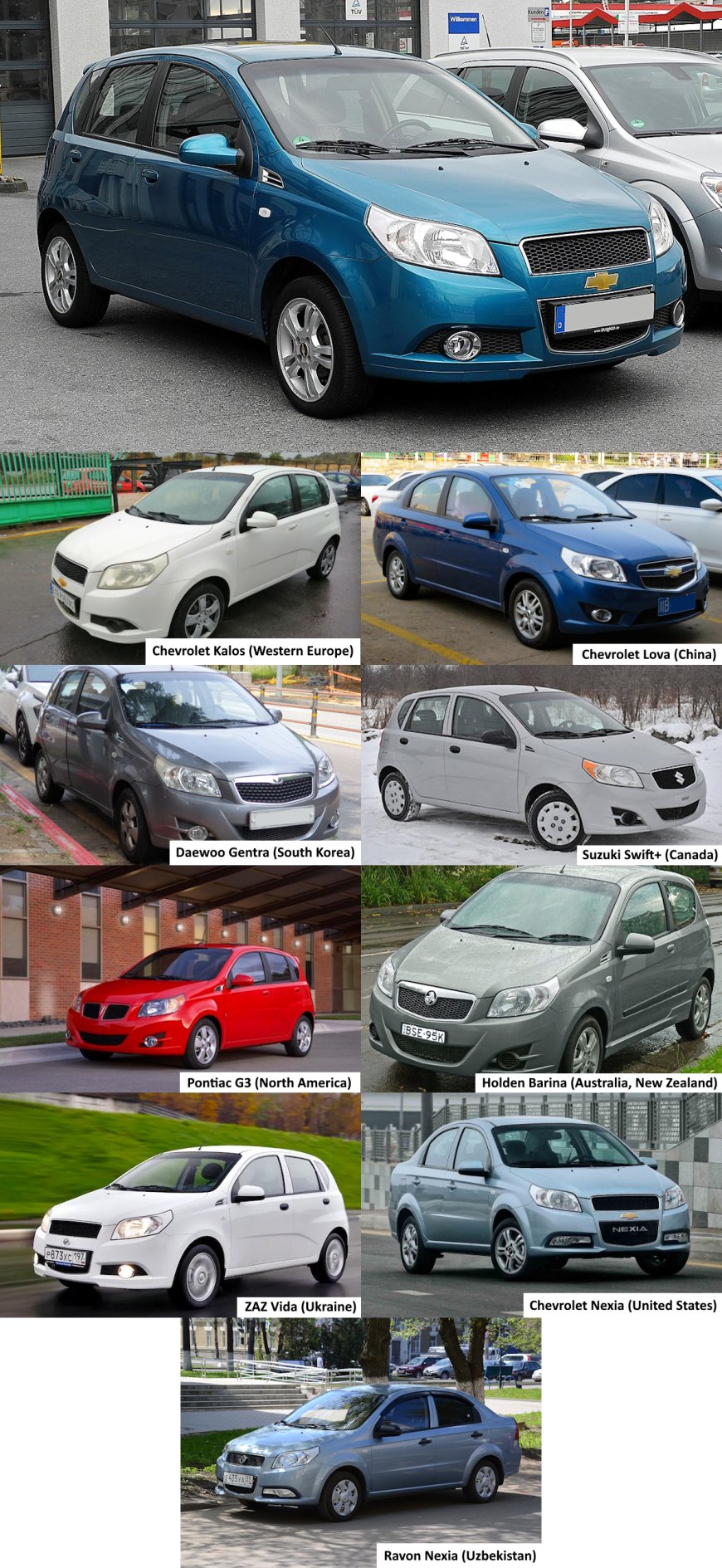 Chevrolet Aveo - 9 Rebadges: Chevrolet Kalos (Western Europe), Chevrolet Lova (China), Daewoo Gentra (South Korea), Suzuki Swift+ (Canada), Pontiac G3 (North America), Holden Barina (Australia, New Zealand), ZAZ Vida (Ukraine), Chevrolet Nexia (United States), Ravon Nexia (Uzbekistan)