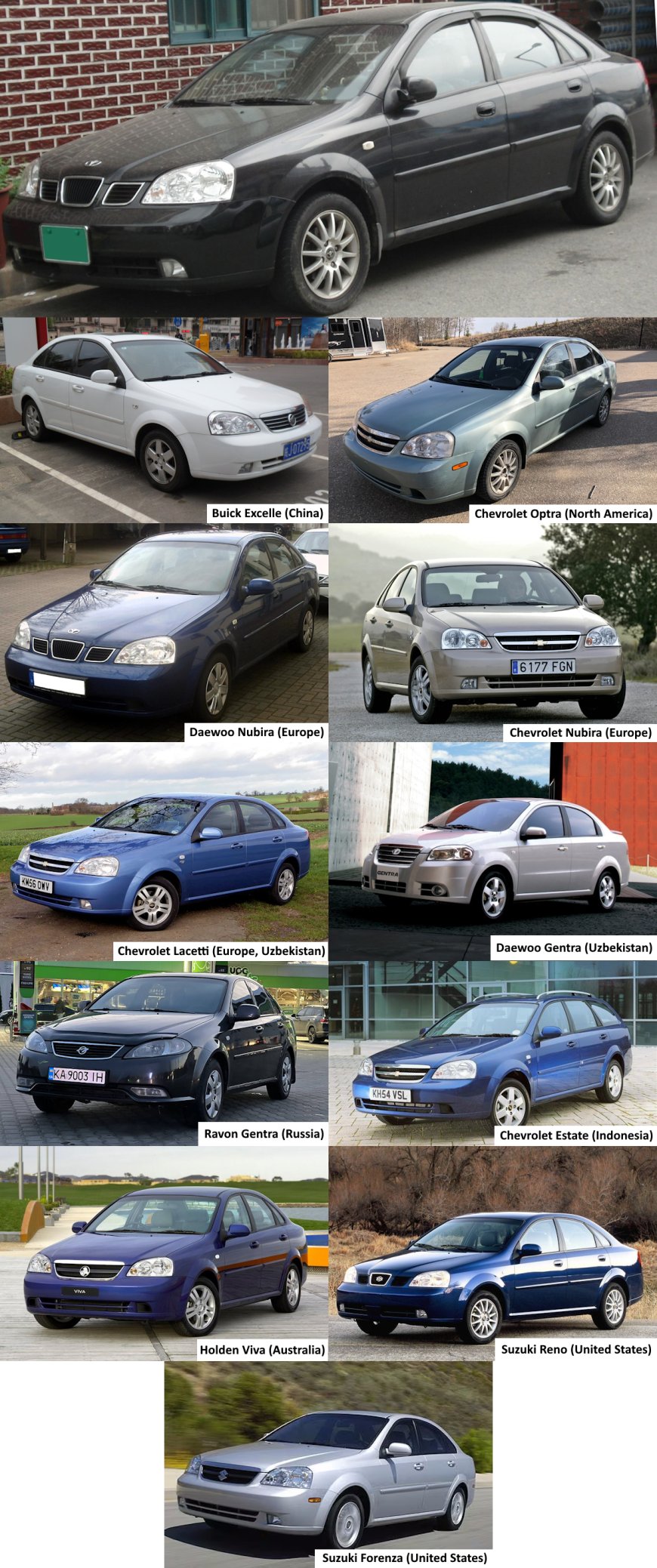 Daewoo Lacetti - 11 Rebadges: Buick Excelle (China), Chevrolet Optra (North America), Daewoo Nubira (Europe), Chevrolet Nubira (Europe), Chevrolet Lacetti (Europe, Uzbekistan), Daewoo Gentra (Uzbekistan), Ravon Gentra (Russia), Chevrolet Estate (Indonesia), Holden Viva (Australia), Suzuki Reno (United States), Suzuki Forenza (United States)