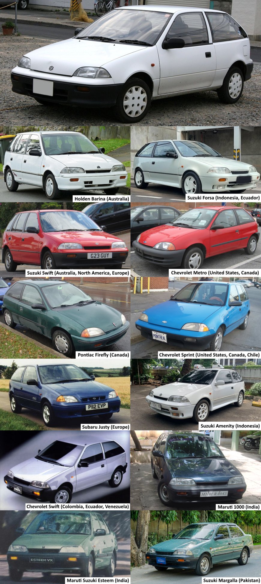 Suzuki Cultus - 12 Rebadges: Holden Barina (Australia), Suzuki Forsa (Indonesia, Ecuador), Suzuki Swift (Australia, North America, Europe), Chevrolet Metro (United States, Canada), Pontiac Firefly (Canada), Chevrolet Sprint (United States, Canada, Chile), Subaru Justy (Europe), Suzuki Amenity (Indonesia), Chevrolet Swift (Colombia, Ecuador, Venezuela), Maruti 1000 (India), Maruti Suzuki Esteem (India), Suzuki Margalla (Pakistan)