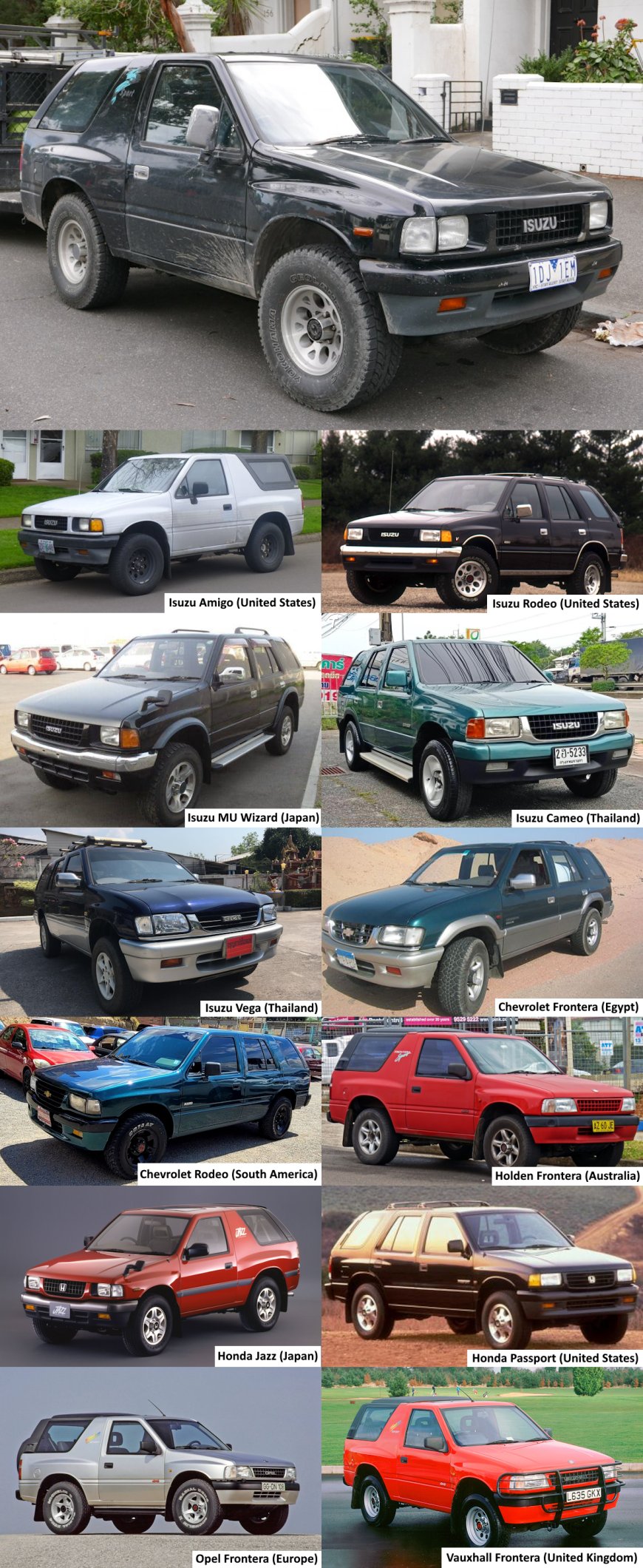 Isuzu MU - 12 Rebadges: Isuzu Amigo (United States), Isuzu Rodeo (United States), Isuzu MU Wizard (Japan), Isuzu Cameo (Thailand), Isuzu Vega (Thailand), Chevrolet Frontera (Egypt), Chevrolet Rodeo (South America), Holden Frontera (Australia), Honda Jazz (Japan), Honda Passport (United States), Opel Frontera (Europe), Vauxhall Frontera (United Kingdom)