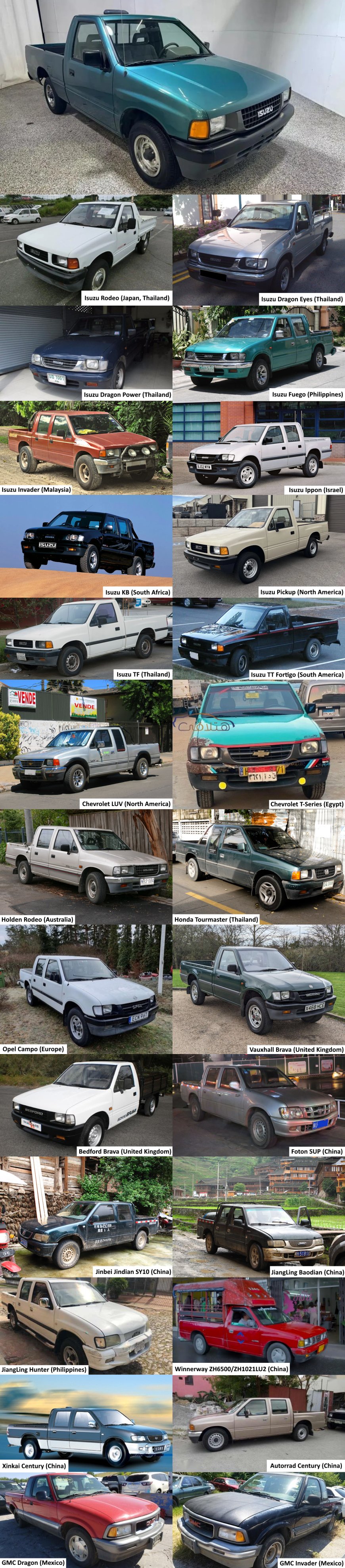 Isuzu Faster - 26 Rebadges: Isuzu Rodeo (Japan, Thailand), Isuzu Dragon Eyes (Thailand), Isuzu Dragon Power (Thailand), Isuzu Fuego (Philippines), Isuzu Invader (Malaysia), Isuzu Ippon (Israel), Isuzu KB (South Africa), Isuzu Pickup (North America), Isuzu TF (Thailand), Isuzu TT Fortigo (South America), Chevrolet LUV (North America), Chevrolet T-Series (Egypt), Holden Rodeo (Australia), Honda Tourmaster (Thailand), Opel Campo (Europe), Vauxhall Brava (United Kingdom), Bedford Brava (United Kingdom), Foton SUP (China), Jinbei Jindian SY10 (China), JiangLing Baodian (China), JiangLing Hunter (Philippines), Winnerway ZH6500/ZH1021LU2 (China), Xinkai Century (China), Autorrad Century (China), GMC Dragon (Mexico), GMC Invader (Mexico)